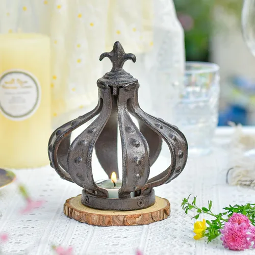 Miniatura 2 de Sungmor Escultura de corona de hierro fundido, marrón antiguo con acento rústico, cubierta de vela creativa, centro de mesa, estatua de corona
