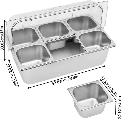 Miniatura 2 de Recipiente de exhibición de alimentos para encimera, 6 sartenes, bandeja de acero inoxidable para servir alimentos helados con cubierta superior