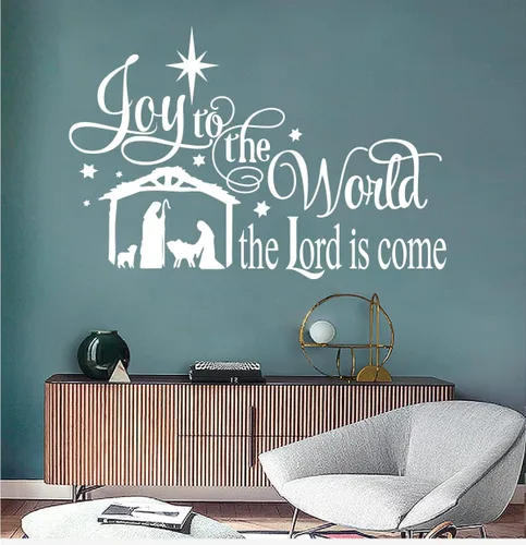 Miniatura 3 de Joy to The World - Calcomanías de pared con citas de Navidad Belén, vinilo para pared, decoración navideña LC015 (gris)