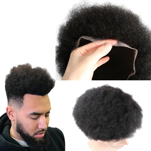 Miniatura 23 de Pelucas Afro Rizadas Toupé para Hombres Pelucas para Hombre Afroamericano Negro Unidad de Cabello Masculino Negro Rizado Afro Tejido Masculino
