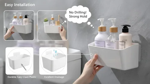 Miniatura 7 de Estante de baño, estante adhesivo para ducha, organizador de baño, sin taladro, cesta de ducha de plástico, estante de almacenamiento blanco