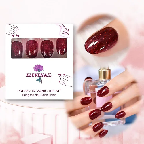 Miniatura 2 de Elevenail - Uñas postizas de longitud media, punta vino rojo, uñas postizas de cobertura total, uñas postizas cortas, uñas falsas, uñas falsas Rojo