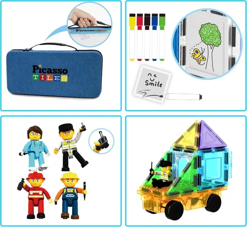 Miniatura 6 de PicassoTiles - Juego de 100 piezas de bloques de construcción magnéticos con estuche de transporte, base de auto magnética, 8 personajes magnéticos