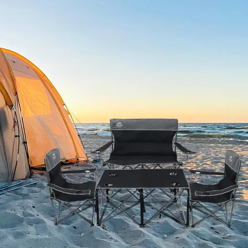 Miniatura 2 de Juego de 4 sillas de campamento de gran tamaño con mesa, silla de césped plegable para exteriores, soporte para tazas, portátil, silla de sofá Negro