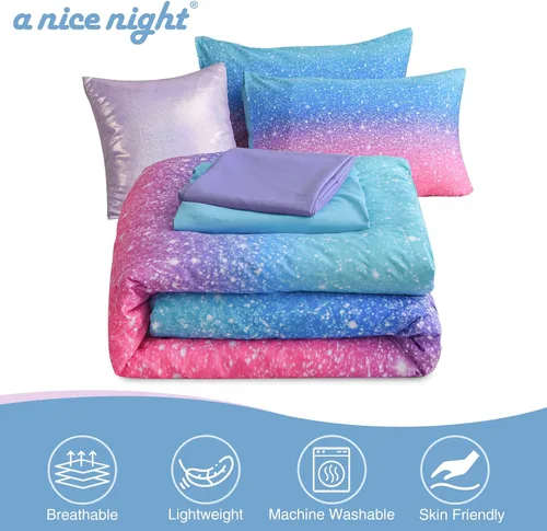 Miniatura 5 de A Nice Night Juego de ropa de cama de 6 piezas con purpurina degradada para niñas, tamaño Twin, juego de edredón colorido de galaxia arcoíris, Azul