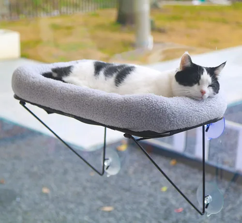 Zakkart Percha para ventana para gatos, 100% metal apoyado desde abajo, viene con una cálida cama espaciosa para mascotas, hamaca de ventana para