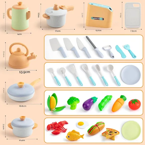 Miniatura 6 de Accesorios de cocina de juguete para niños, 42 piezas de juego de cocina para niños pequeños, juego de cocina con ollas y sartenes a presión, juego