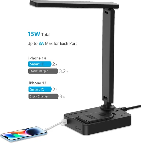 Miniatura 3 de Drevet Lámpara de escritorio LED con cargador inalámbrico, luz de mesa de escritorio con puerto de carga USB y 2 tomas de corriente, 3 modos