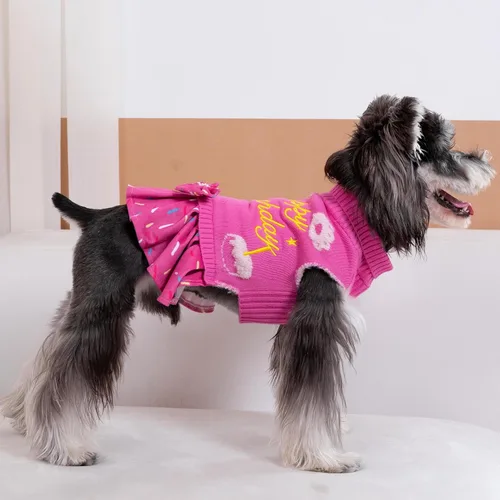 Miniatura 2 de CuteBone Suéter rosa para perro, vestido de feliz cumpleaños, suéter para mascotas, suéteres para perros grandes con corbatín, ropa de cachorro
