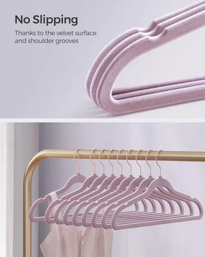 Miniatura 3 de SONGMICS - Perchas de terciopelo delgadas, perchas antideslizantes para ropa con ganchos giratorios de oro rosa, ahorro de espacio, para armario