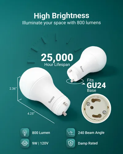 Miniatura 2 de Sunco - Paquete de 10 bombillas LED GU24 A19, 2 puntas, 800 LM, 9 W (equivalente a 60 W), luz diurna de 5000 K, regulable, base de pines GU24 Twist