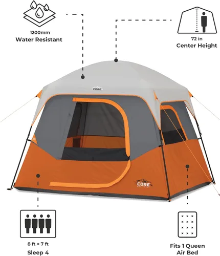 Miniatura 4 de CORE Tienda de campaña para camping familiar Tienda de campaña portátil para 4 personas y 6 personas con bolsa de transporte para acampar al aire