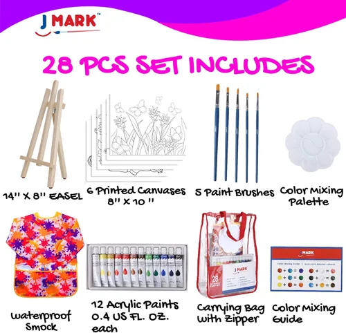 Miniatura 2 de J MARK Kit de pintura acrílica para niños, tema de castillo de unicornio, juego de 28 piezas con caballete, lienzos, pinceles y más, de 4 a 12 años