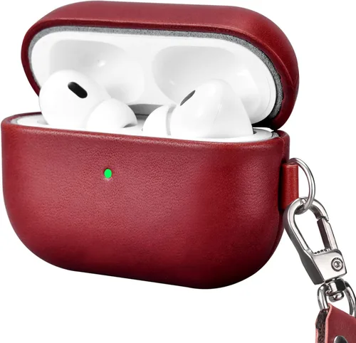 ICARERFAMILY - Funda de cuero para AirPods Pro 2 (2022), funda protectora de cuero genuino a prueba de golpes con cordón para auriculares Apple Rojo