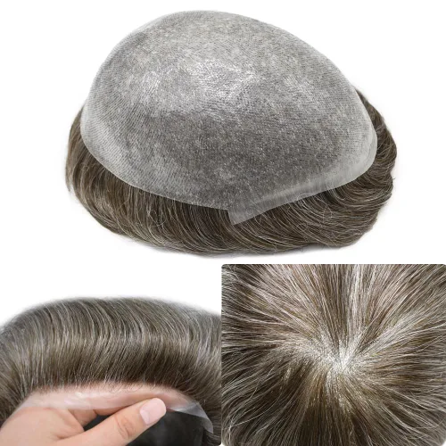 Miniatura 54 de Tupé de piel ultra fina para hombres pieza de cabello humano real sistema de reemplazo 0.002 in Mens Toupee Hairpiece para hombres V-Loop 8x10 80%