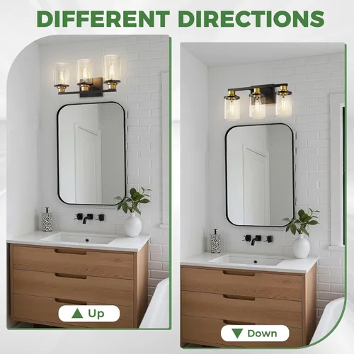 Miniatura 7 de DORESshop Lámparas de baño, 3 luces negras y doradas para baño sobre espejo con pantalla de vidrio transparente, luces de tocador para baño, Negro