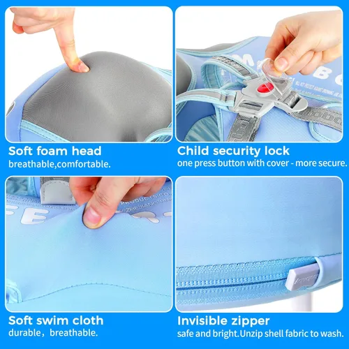 Miniatura 4 de Mambobaby - Flotador de piscina para bebé no inflable con cola y toldo, protección solar UPF 50+, sin volteo, flotador de natación para bebé, Azul