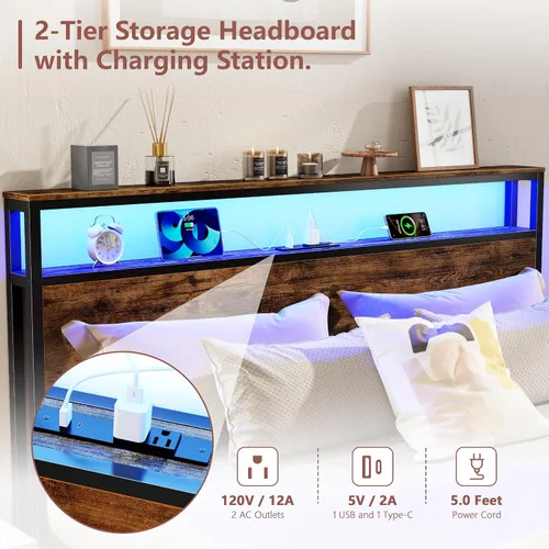 Miniatura 7 de Forestell Full Size Bed Frame with Storage Headboard & 6 Drawers, Metal Platform Bed Frame with LED Lights & Charging Station, 2 Tier Shelf Storage