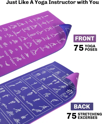 Miniatura 3 de Instructional Travel Yoga Mat with 75 Asanas Poses & Exercises - Exercise Mat for Home Workout, Includes Carrying Bag, 68"x24"x0.25" Violeta/Azul
