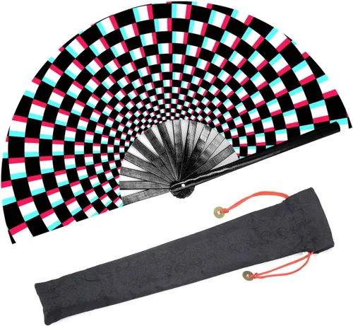 Miniatura 8 de Ventilador de mano plegable grande para mujeres/hombres, chino/japonés con bambú y tela de nailon, para actuaciones, decoraciones, bailes, fiestas