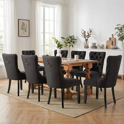 Miniatura 89 de SoarFlash Juego de 2 sillas de comedor de tela de lino, sillas de comedor tapizadas con ribete de cabeza de clavo y patas de madera de color claro