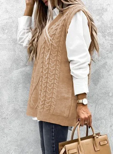 Miniatura 2 de NALANISA Suéter sin mangas con cuello en V para mujer, de gran tamaño, casual, holgado, de punto trenzado, sin botones, para otoño e invierno