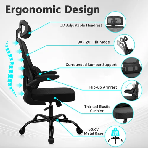 Miniatura 9 de CLATINA Silla ergonómica de escritorio de oficina con reposacabezas ajustable y soporte lumbar, brazos abatibles, respaldo alto, sillas ejecutivas