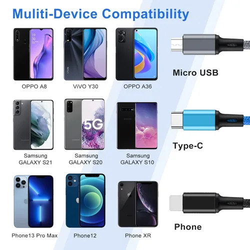 Miniatura 3 de Cable de carga múltiple, USB C a 4 en 1 de nailon trenzado dual Lightning/tipo C/Micro Port Cable de carga rápida para iPhone 17, 16, 15, 14, 13 Pro