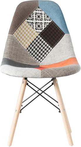 Miniatura 5 de Silla de comedor moderna de mediados de siglo tapizada de plástico multicolor Patchwork DSW Shell con patas Eiffel de clavija de madera