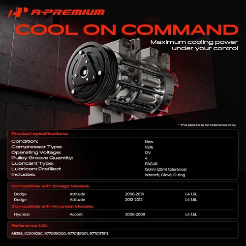 Miniatura 2 de A-Premium Compresor de A/C con embrague compatible con Hyundai Accent 1.6L 2006-2009, Dodge Attitude 1.6L 2006-2010 2012