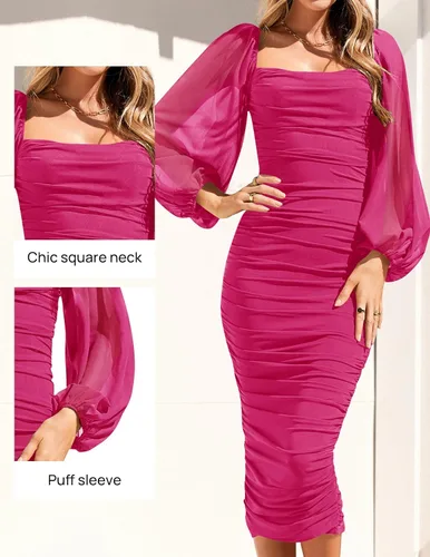 Miniatura 3 de ZESICA Vestido midi sexy y fruncido para mujer 2023, manga larga, cuello cuadrado, espalda descubierta, cóctel, fiesta, boda