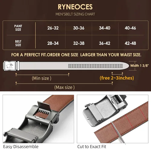 Miniatura 3 de Cinturón de trinquete para hombres,Cinturón de vestir de cuero genuino de 1 38 pulgadas con hebilla ajustable deslizante,Pantalones de hombre camisa