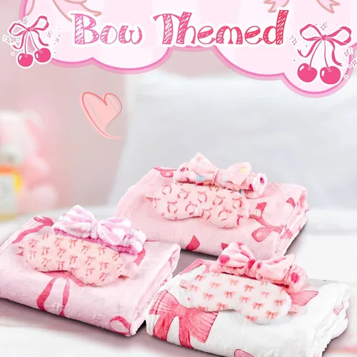Miniatura 5 de Fanfanwin 18 piezas de suministros para fiesta de pijamas para niñas, 6 estilos de linda manta con lazo rosa, 6 cintas para la cabeza de spa