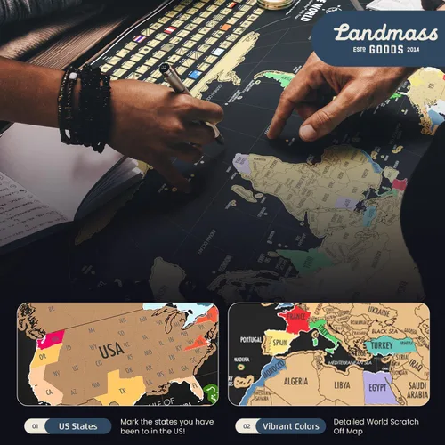 Miniatura 4 de Landmass Mapa del mundo para rascar, rastreador de viaje de lujo con banderas, cartografía detallada, idea de regalo para viajeros, arte de pared