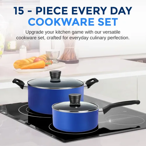 Miniatura 2 de SereneLife Juego de utensilios de cocina antiadherentes azules de 15 piezas, resistentes al calor, con tapas, apto para lavavajillas, incluye