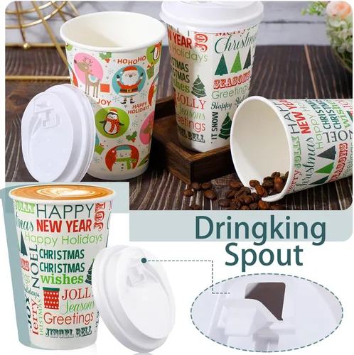 Miniatura 3 de Hotop Juego de 60 vasos de papel de Navidad de 16 onzas con tapas, vasos de papel desechables de Navidad, tazas de café, tanto calientes como fríos
