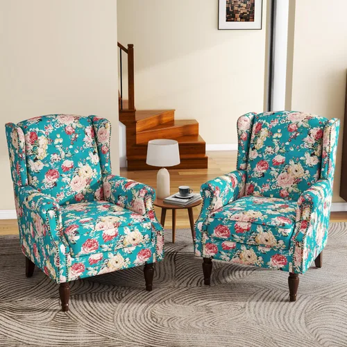 Miniatura 45 de Silla de Acento de Respaldo Alto, Sillón Tapizado en Tela para Sala de Estar, Sillón Wingback con Estampado Floral con Patas de Madera Maciza, Sofá