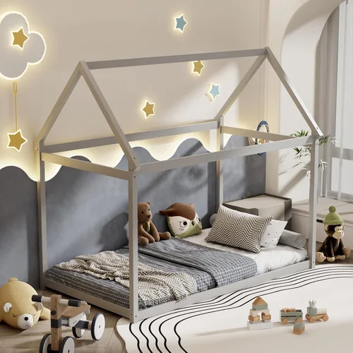 Miniatura 3 de Costzon Base de cama individual de madera, plataforma estable para niños, con techo y listones de alta resistencia, no necesita somier, bricolaje