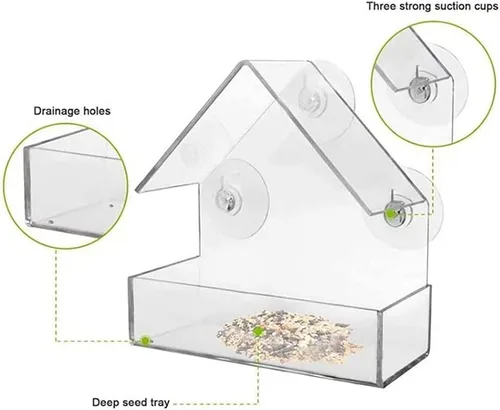 Miniatura 4 de Ochine Casa para pájaros con ventosa fuerte, casa de pájaros de madera, ventana transparente, comedero para pájaros al aire libre, jaula para nido
