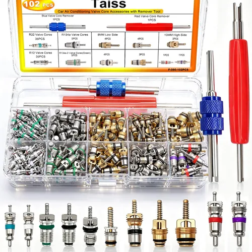 Taiss Kit de accesorios de núcleo de válvula de aire acondicionado de coche, 102 Uds., con herramienta de extracción de núcleo de válvula, R12
