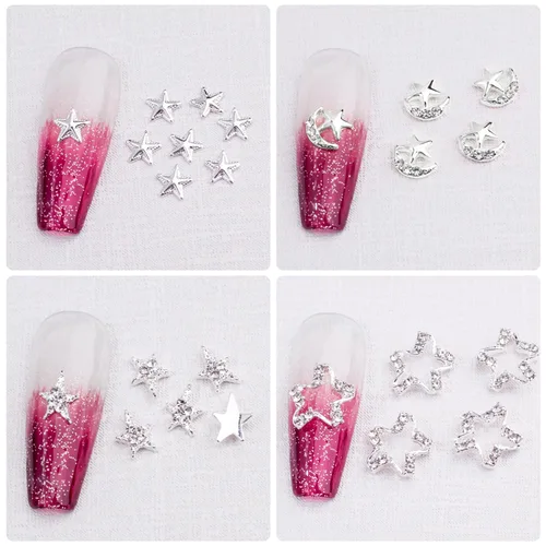 Miniatura 6 de WOKOTO 24 dijes de estrella plateada para uñas, diamantes de imitación para uñas, arte de estrellas 3D, dijes para uñas acrílicas, estrellas 3D