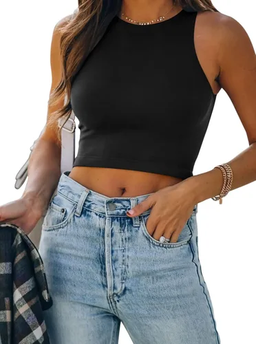 REORIA - Camisetas ombligueras sin mangas y con espalda cruzada para mujer, ombligueras sexys con cuello halter