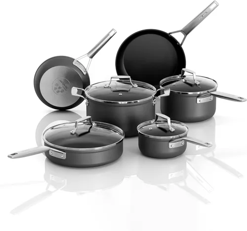 MsMk Juego de ollas y sartenes antiadherentes de 10 piezas para construir una cocina de inicio o refrescar, calefacción uniforme, fácil limpieza,