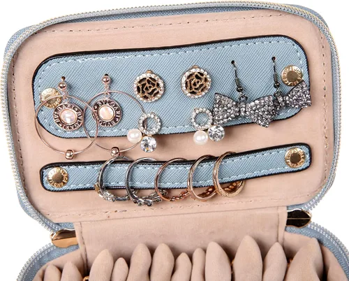 Miniatura 5 de Angelinas Palace Estuche organizador de joyas regalos de dama de honor bolsa de viaje caja de cuero vegano para collar aretes pulsera anillo azul
