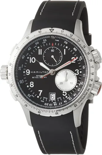 Hamilton H77612333 Khaki ETO Reloj de acero inoxidable con banda de goma negra para hombre, Negro -, Cronógrafo