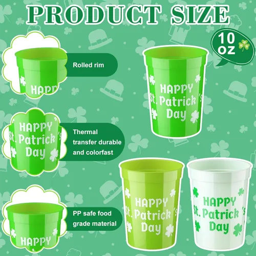 Miniatura 2 de Maxcheck 120 vasos de plástico desechables para fiesta del día de San Patricio a granel, feliz día de San Patricio, 10 onzas, trébol irlandés