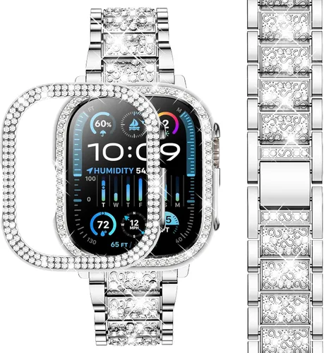 Miniatura 21 de SUPOIX - Correa compatible con Apple Watch de 1.49 pulgadas + funda, joyería para mujer con diamantes brillantes, bandas de metal y 2