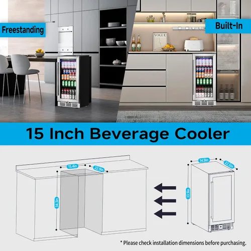Miniatura 5 de Feelfunn Refrigerador de bebidas de 15 pulgadas bajo mostrador – Refrigerador de bebidas de 126 latas con puerta de vidrio para cerveza, vino y soda