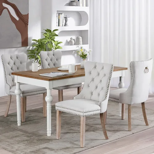 Miniatura 72 de SoarFlash Juego de 2 sillas de comedor de tela de lino, sillas de comedor tapizadas con ribete de cabeza de clavo y patas de madera de color claro