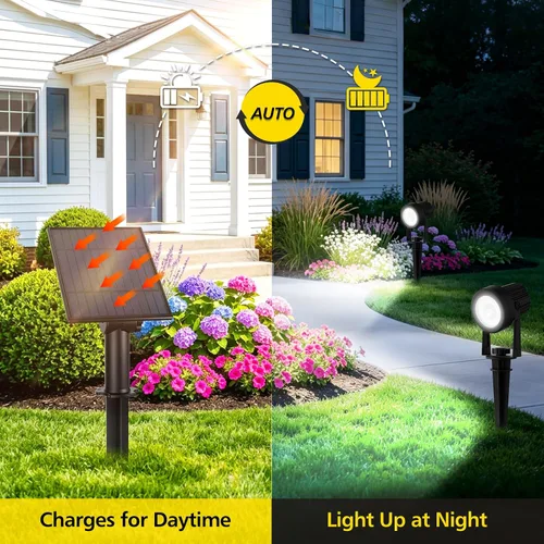 Miniatura 4 de T-SUN Focos solares al aire libre impermeables, luces de paisaje solares 2 en 1 LED para jardín, focos solares para árbol, jardín, estanque, piscina